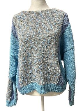 Vintage Hand Knit Blue and Gray Women's Sweater